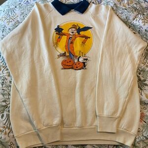 Vintage Fruit of the Loom Cream Halloween Scarecrow Collared Sweatshirt